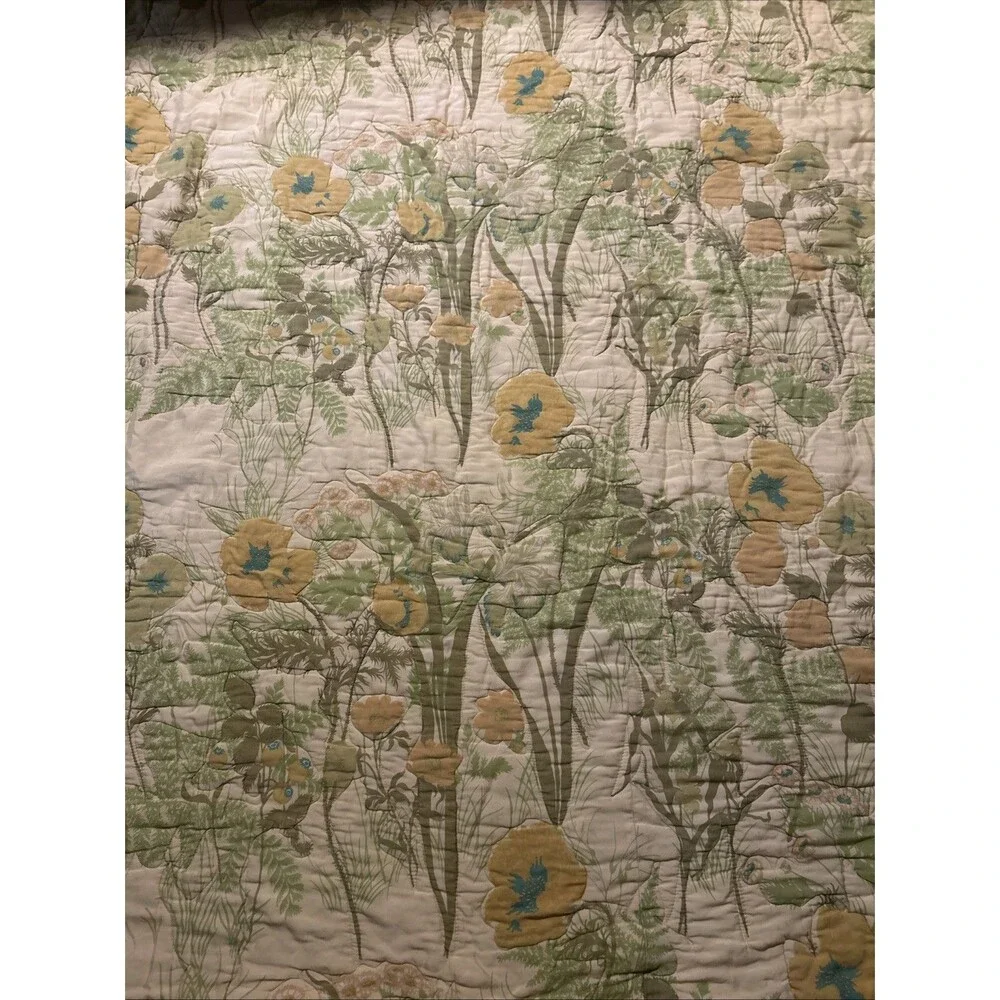 Vintage 70s Floral Besdpread mid century Poppies Yellow Green Orange 76x91